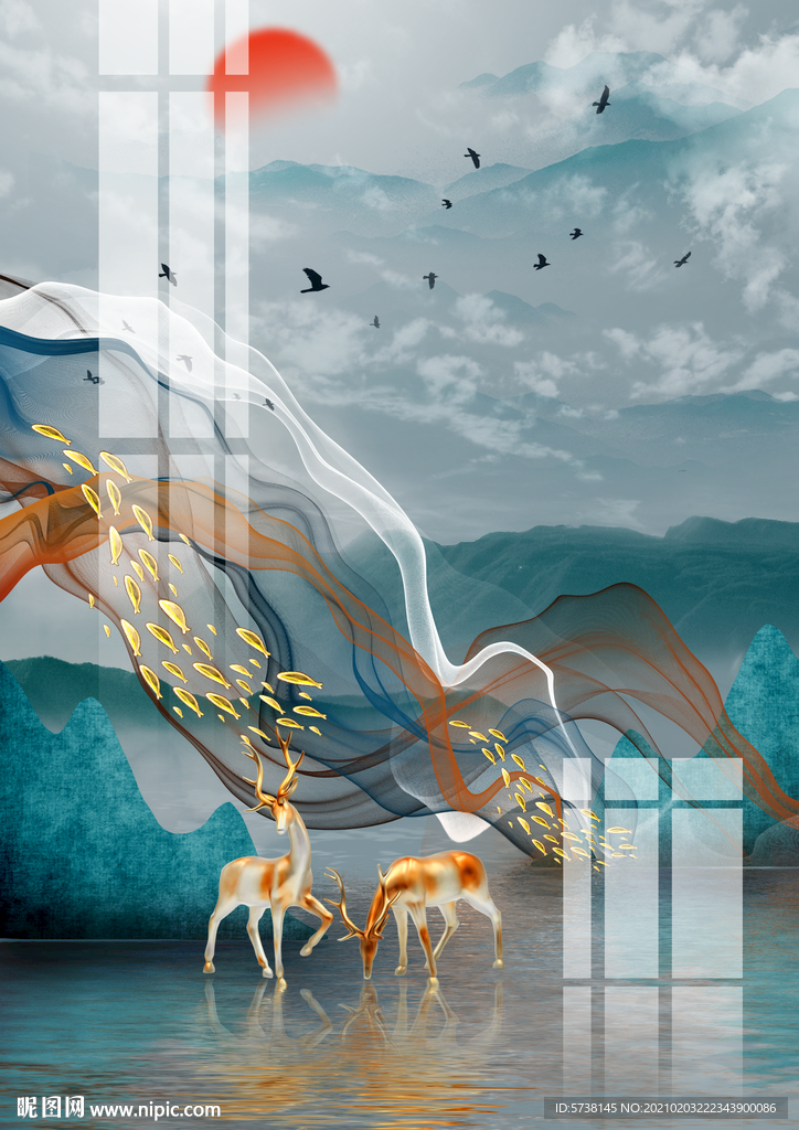 抽象麋鹿线条水墨山水玄关装饰画