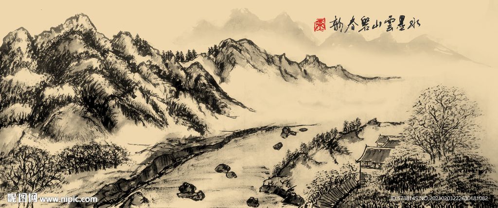 合成水墨山水中式装饰画玄关电视