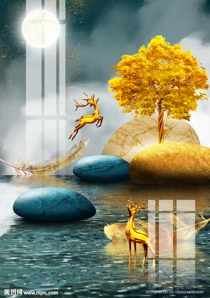 轻奢富贵麋鹿石头装饰画玄关电视