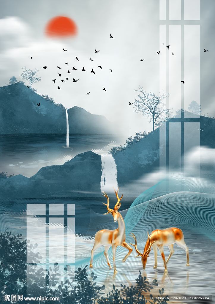 轻奢蓝色山水水墨麋鹿装饰画玄关