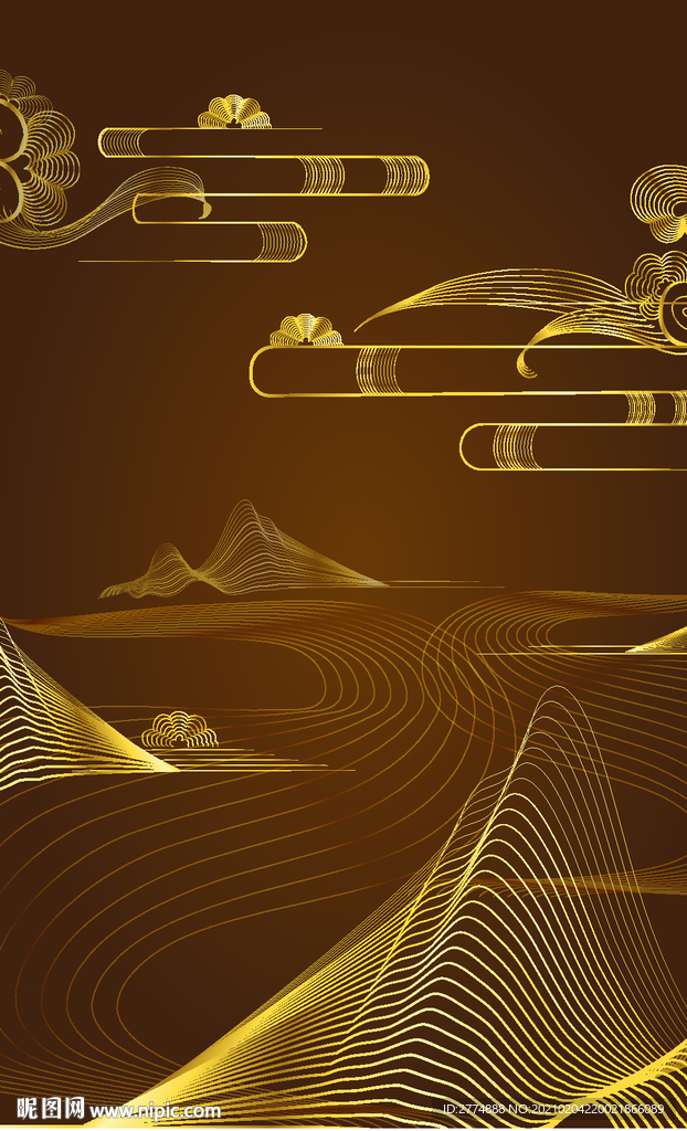 国风棕色金线山水矢量素材
