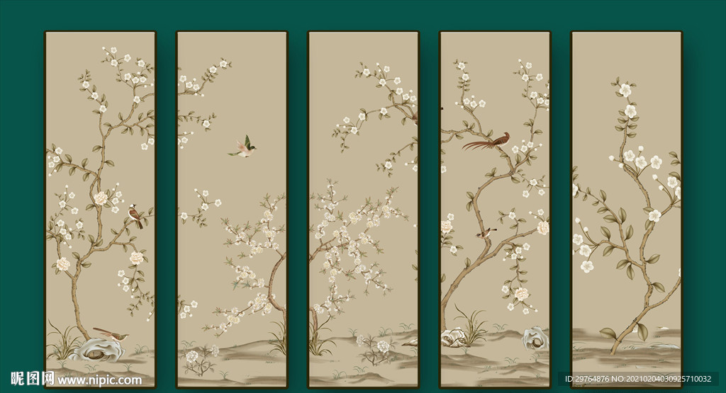中式花鸟五联挂画