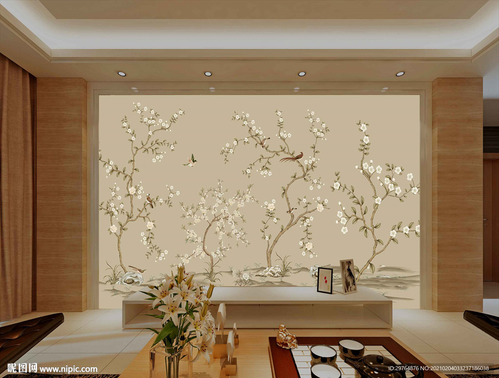 工笔花鸟电视背景墙