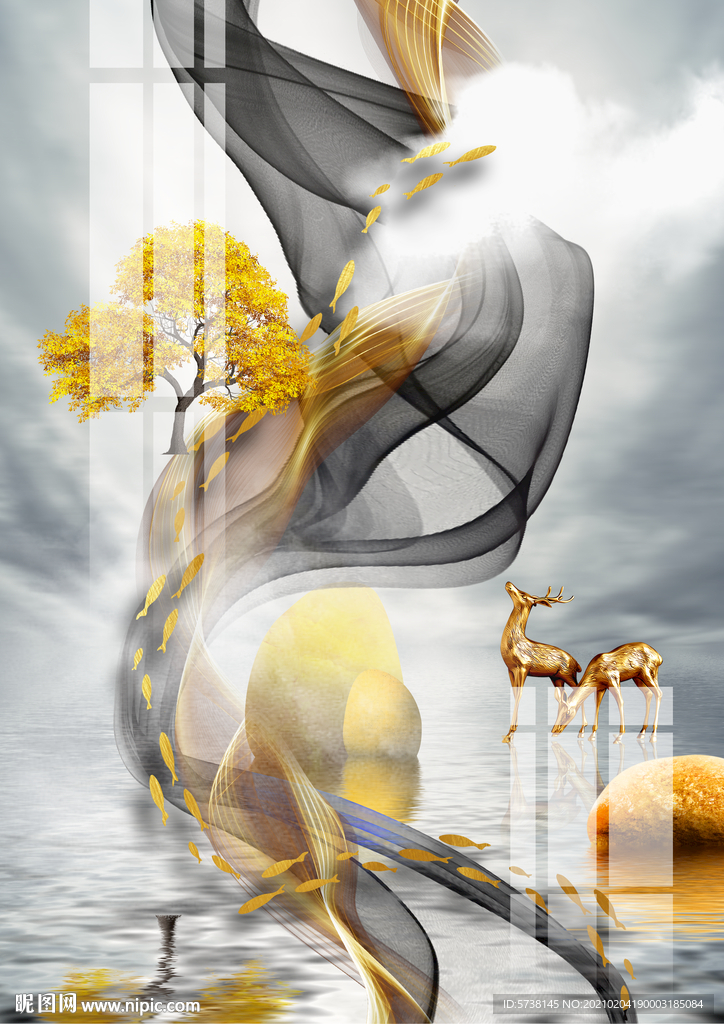 中式抽象线条麋鹿装饰画玄关电视