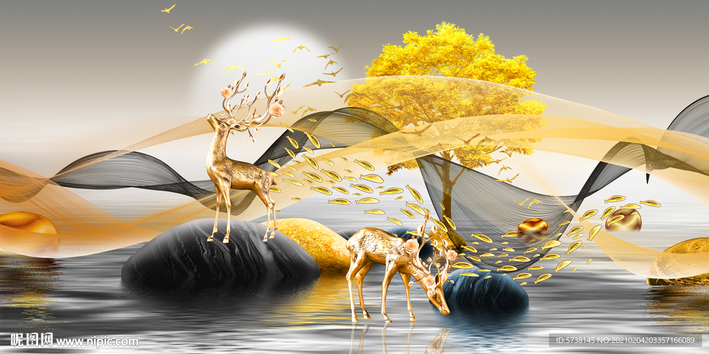 现代轻奢富贵黄金书麋鹿线条石头