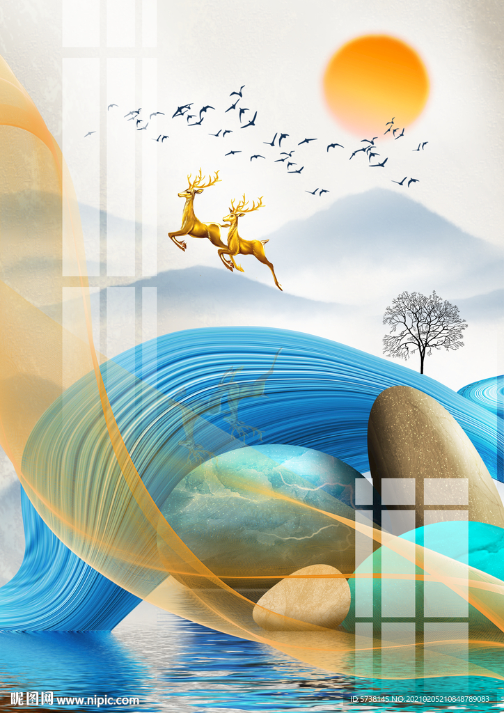 蓝色水墨山水麋鹿线条石头装饰画