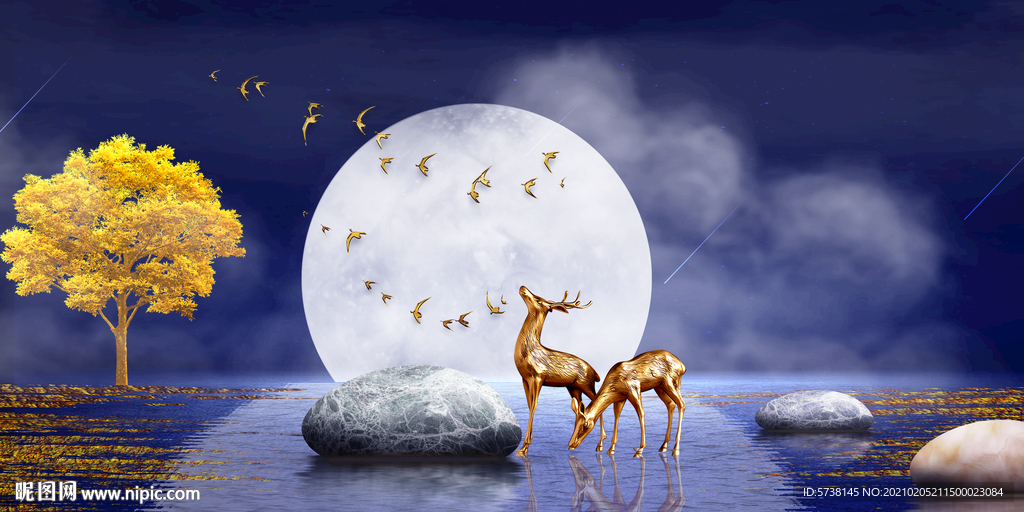 蓝色月色轻奢麋鹿玄关装饰画背景