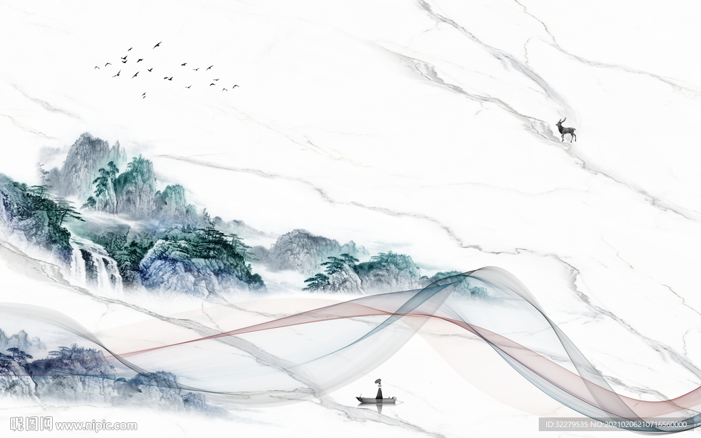 爵士白客厅山水画 文件分层画
