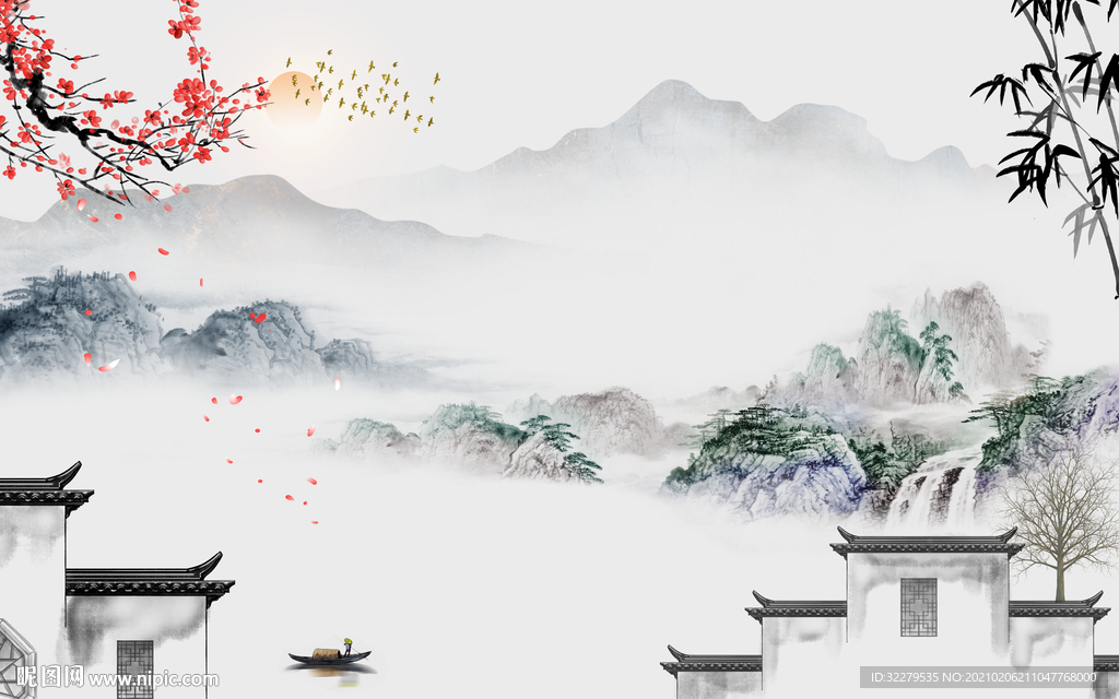 徽派客厅山水画 文件分层画