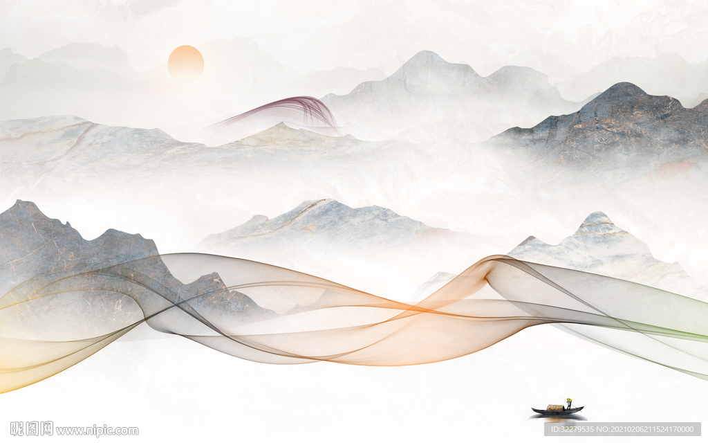 线条客厅山水画 文件分层画