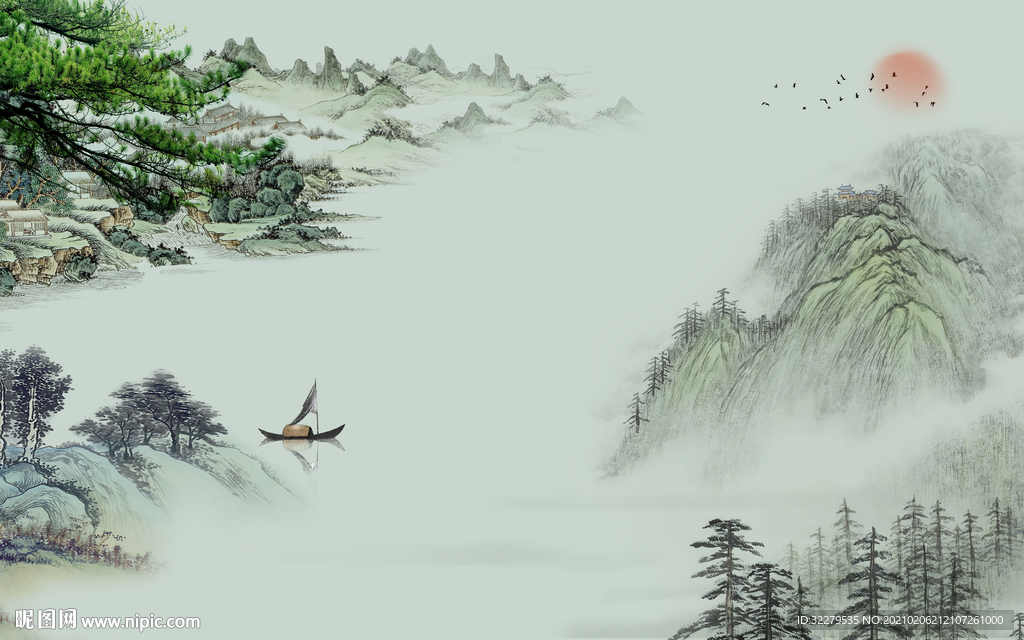 中国风客厅山水画 文件分层画