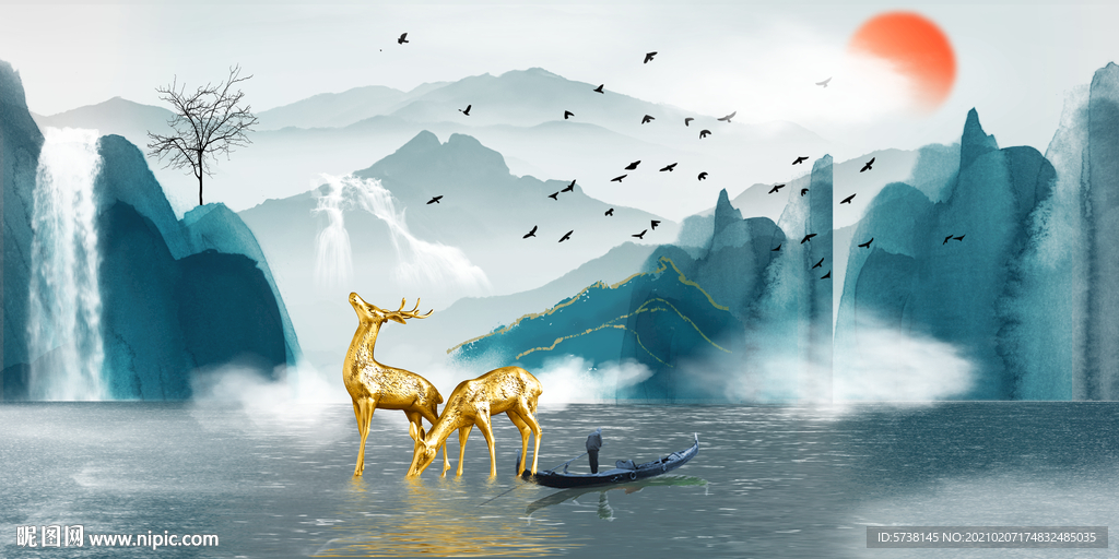 轻奢富贵水墨麋鹿玄关电视背景素