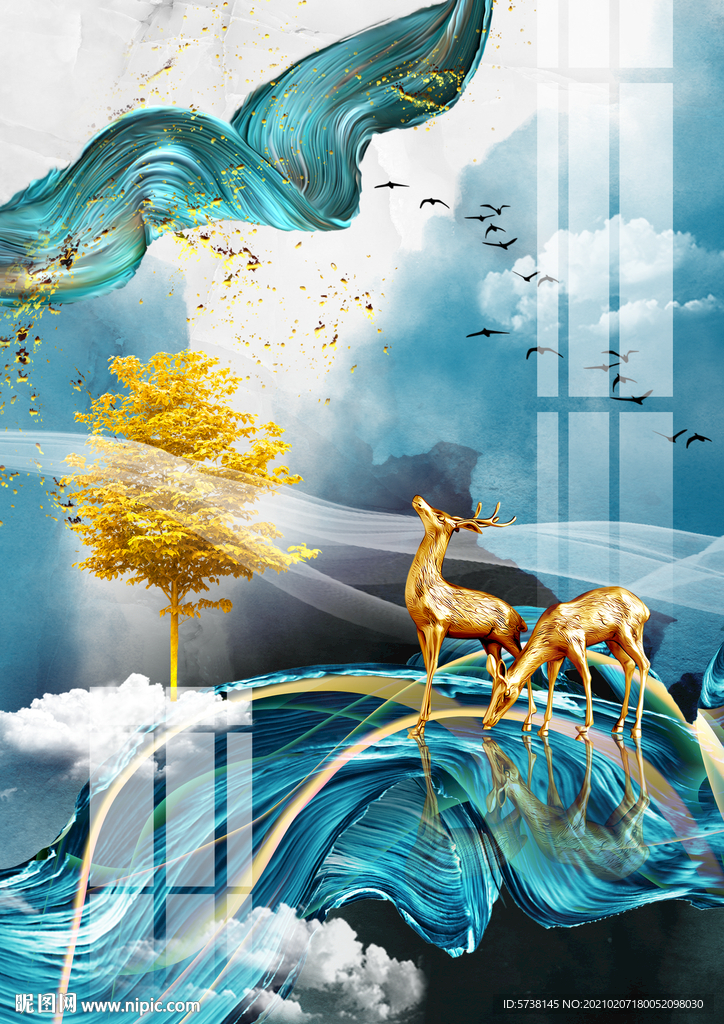 轻奢麋鹿线条天空玄关装饰画电视