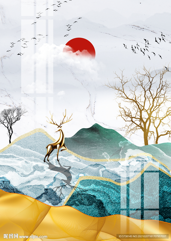 中式大理石山水麋鹿装饰画玄关背