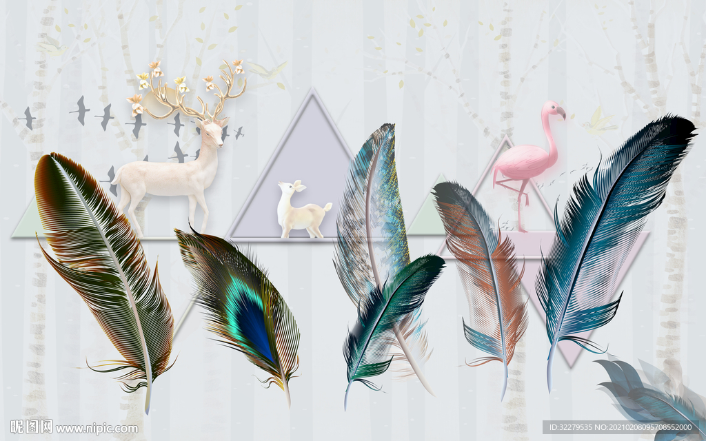 奢华羽毛装饰画 文件分层画