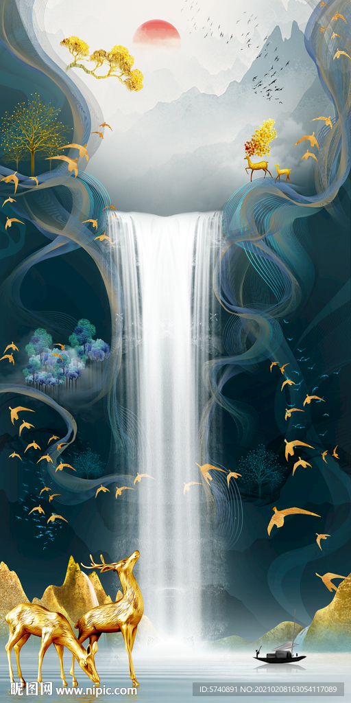 流水生财麋鹿装饰画