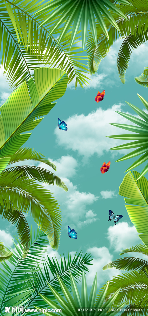 蓝天白云椰子树玄关背景墙