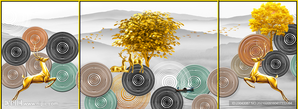 麋鹿简约三联画