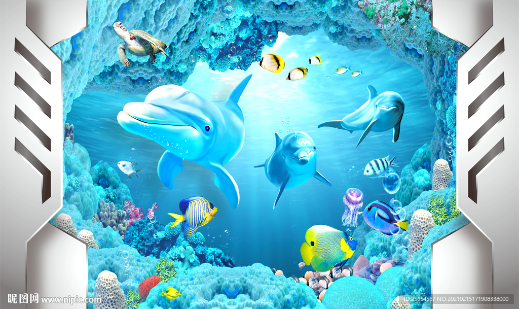 海底3D海豚电视背景墙