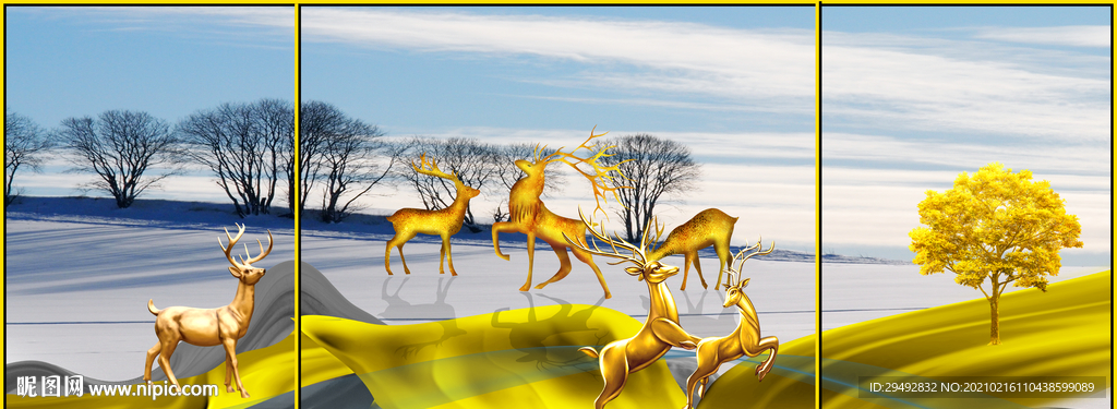 金色發財樹麋鹿裝飾畫