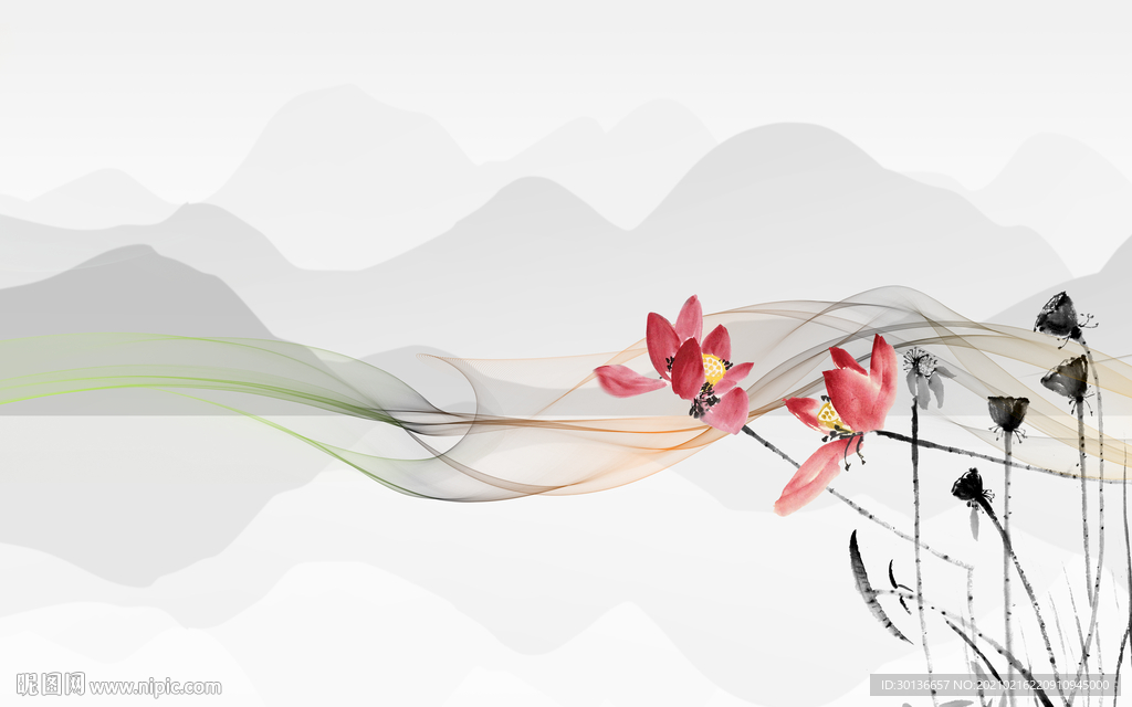 荷花大气客厅山水 TIF分层