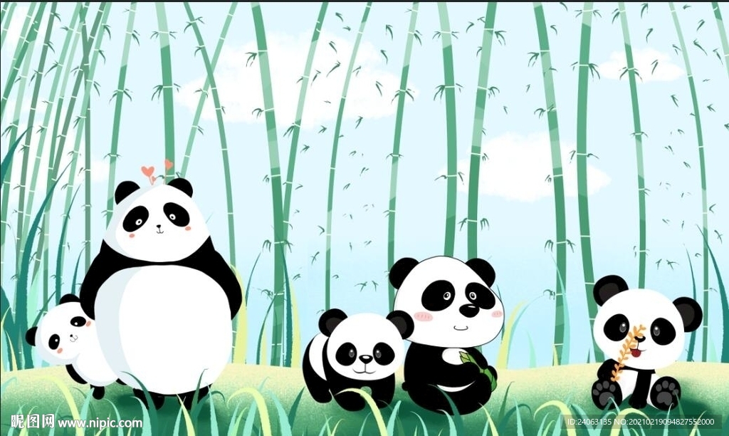 卡通儿童房间竹林熊猫可爱壁画