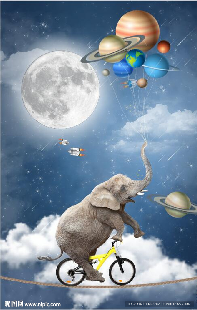 蓝色抽象大象星球儿童房装饰画