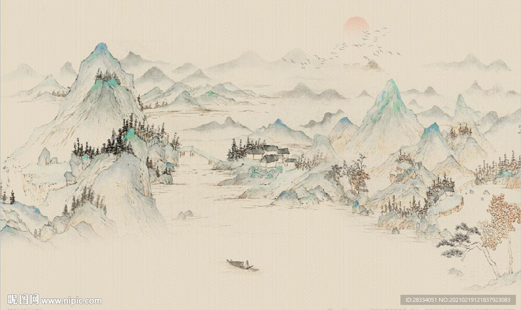 新中式千里江山山水国画背景墙
