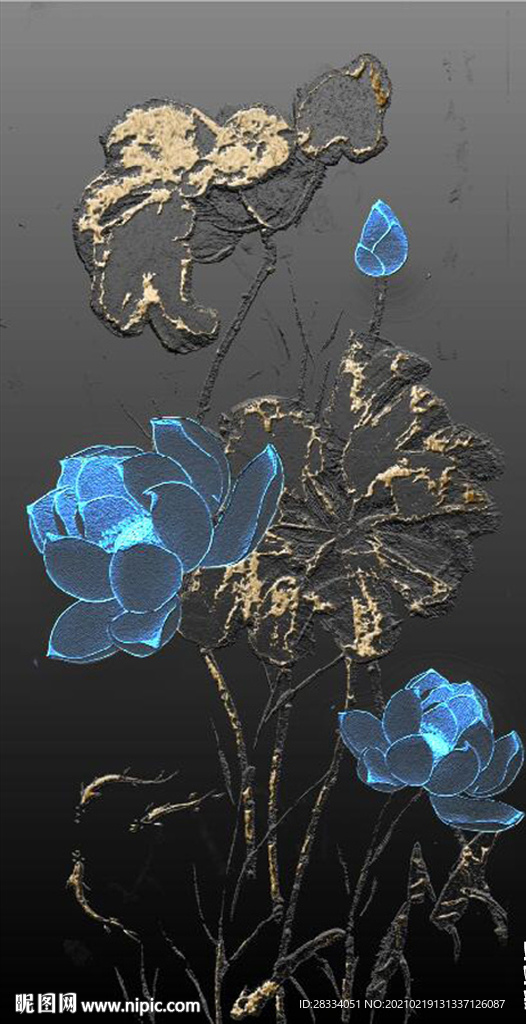 北欧风金色浮雕蓝莲花玄关装饰画