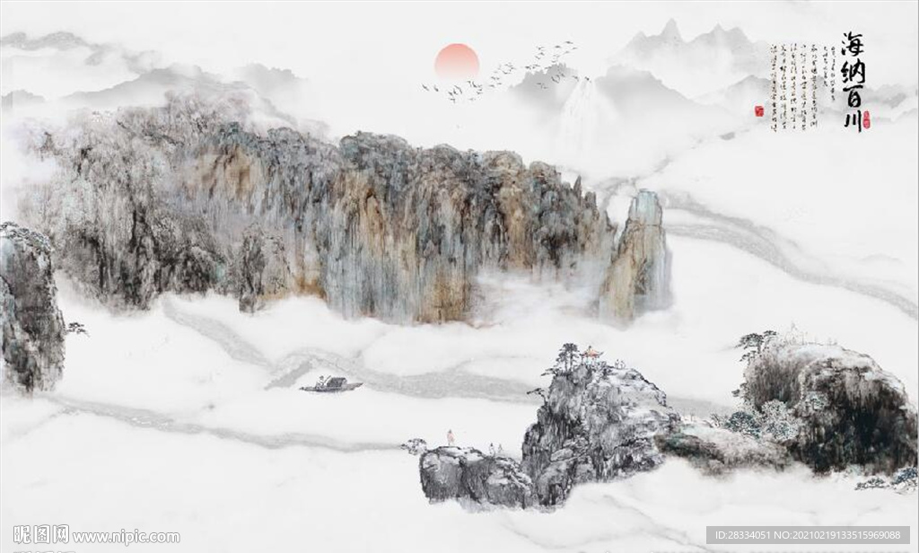 新中式水墨古代山水国画背景墙