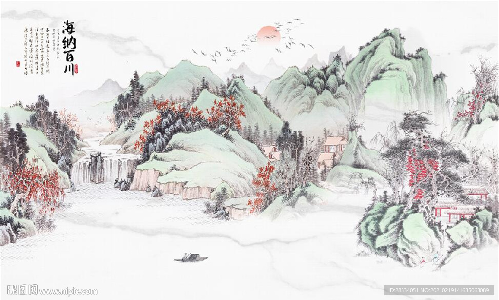 新中式水墨古代山水国画背景墙