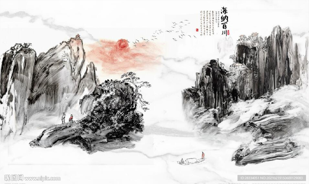 新中式水墨古代山水国画背景墙