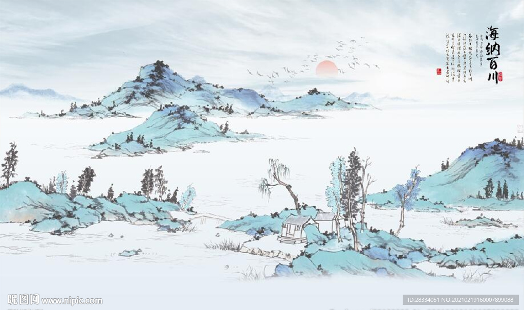 新中式千里江山山水国画背景墙