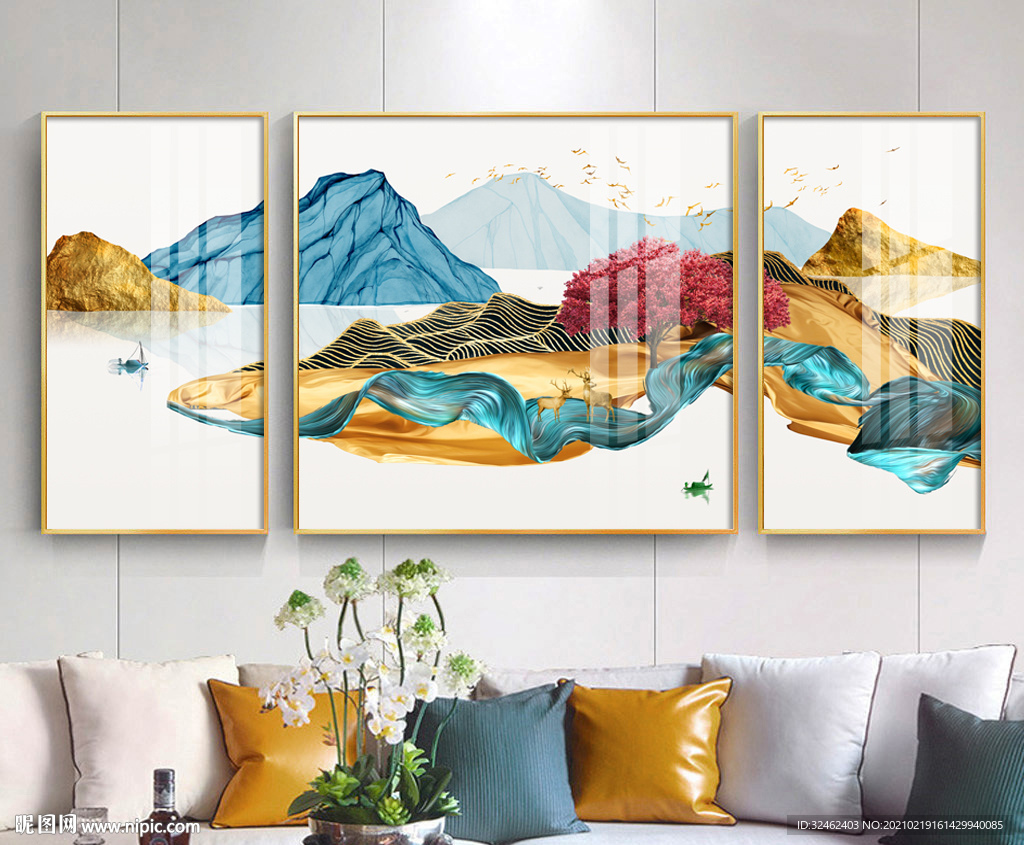 轻奢抽象山水三联画装饰画