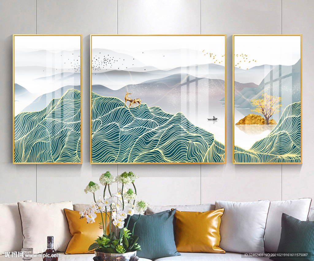轻奢抽象山水三联画