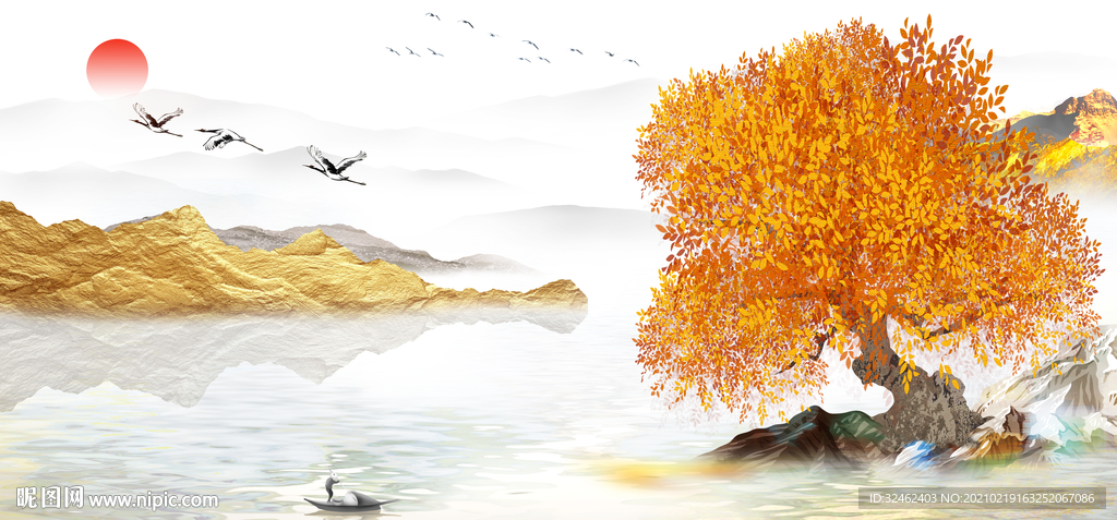 简约轻奢发财树山水画装饰画