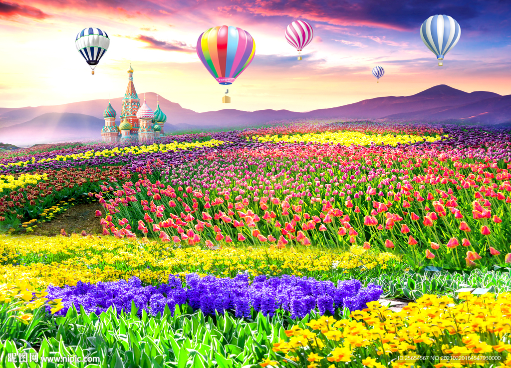 美丽花海郁金香热气球背景墙