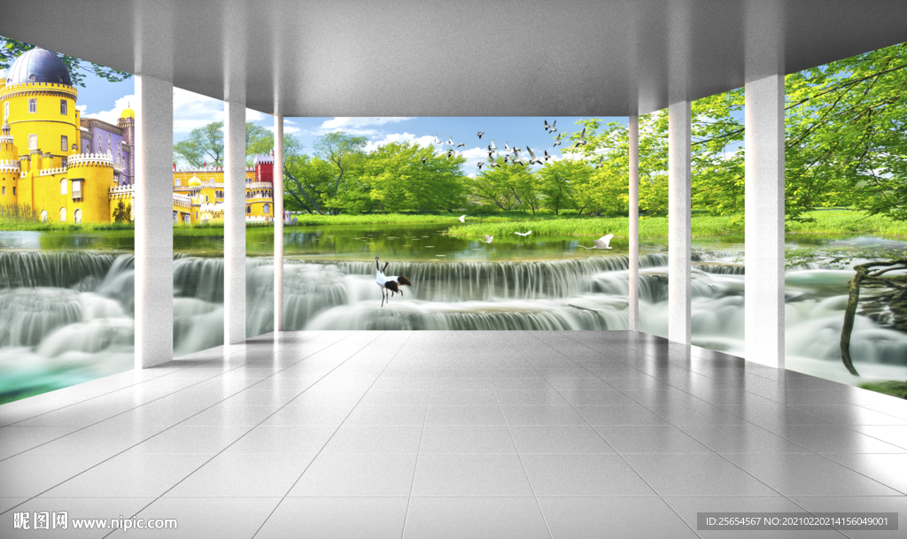 仙境瀑布流水3D风景背景