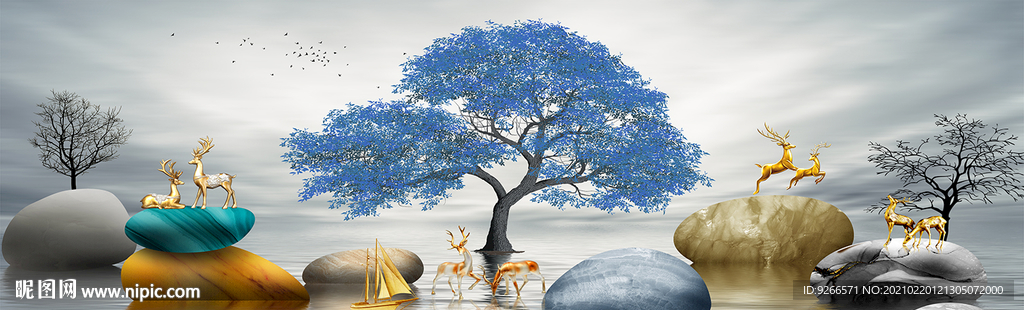 石来运转麋鹿山水画晶瓷画装饰画