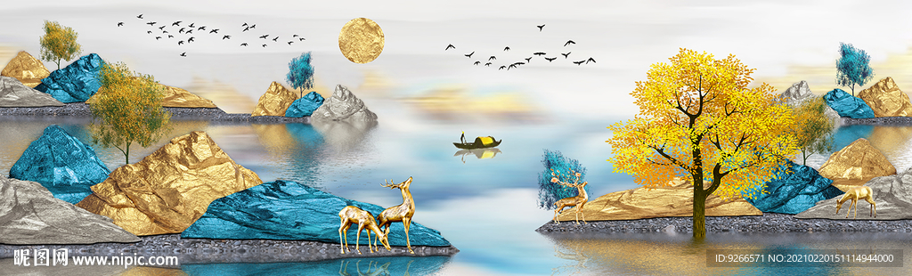 石来运转麋鹿山水画晶瓷画装饰画