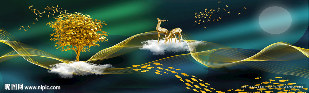 麋鹿山水画晶瓷画装饰画