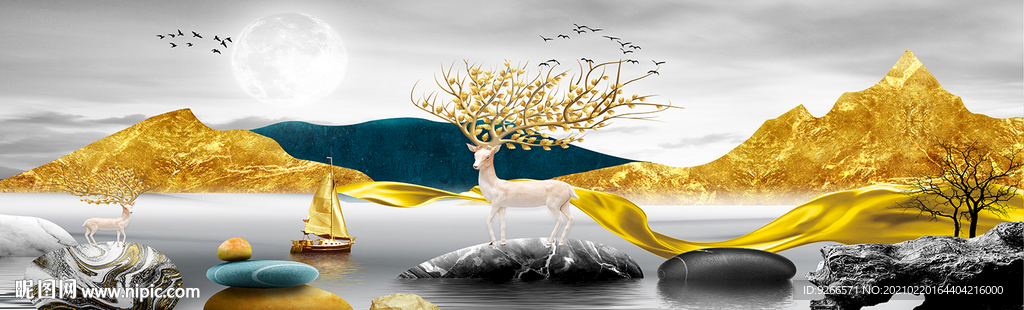 石来运转麋鹿山水画晶瓷画装饰画