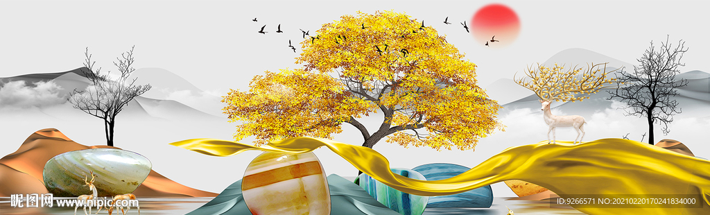 石来运转麋鹿山水画晶瓷画装饰画