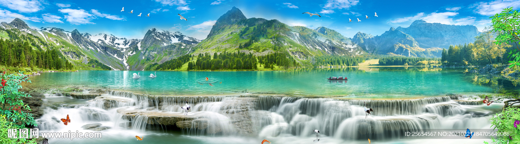 高山流水瀑布长幅背景墙