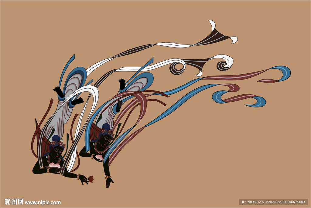 敦煌莫高窟壁画黑飞天双飞天