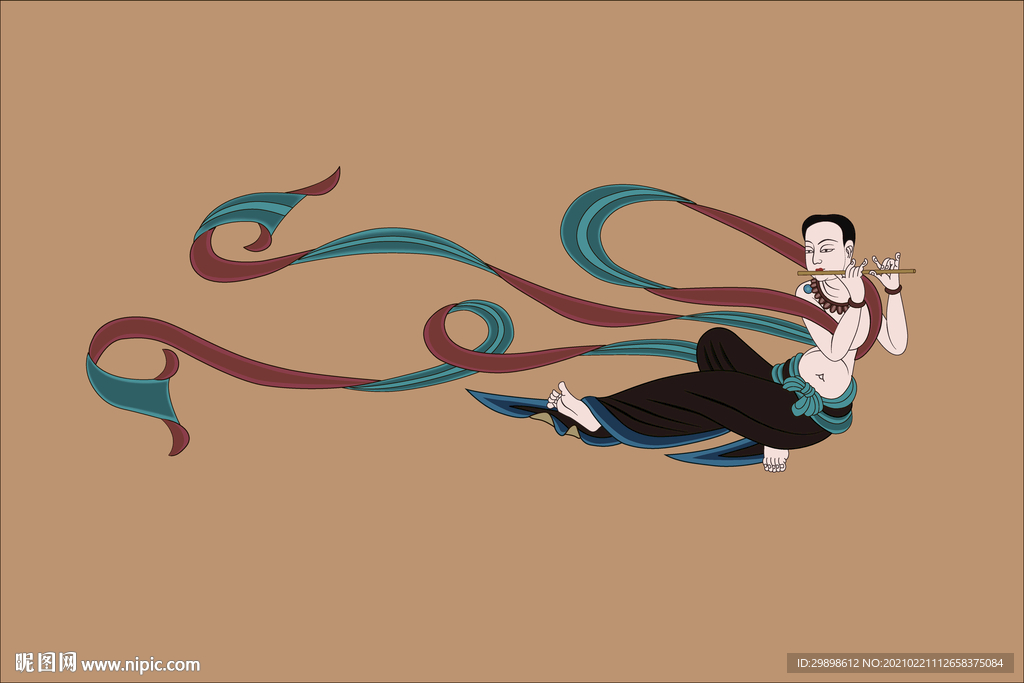 敦煌莫高窟壁画初唐吹笛飞天