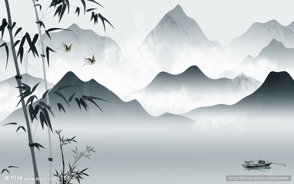 竹子高端新山水画 文件分层画