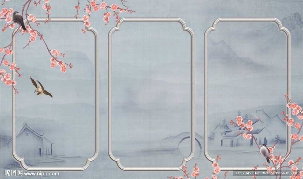 桃花梅花新中式背景墙