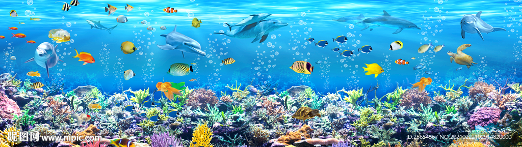 海底世界海豚长幅背景墙