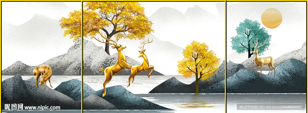 中式山水麋鹿发财树装饰画